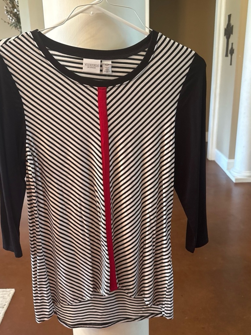 Chico's Black & White Striped Long-Sleeve Top with Red Center Trim